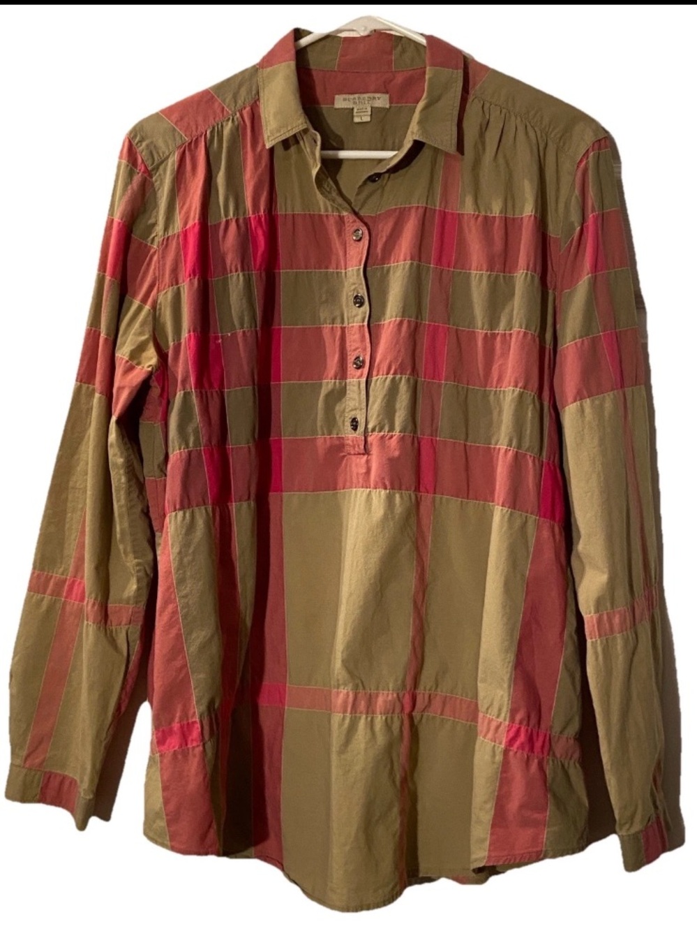 Burberry Brit Novacheck Cotton Half Placket Blouse Shirt Pink /Tan Size L